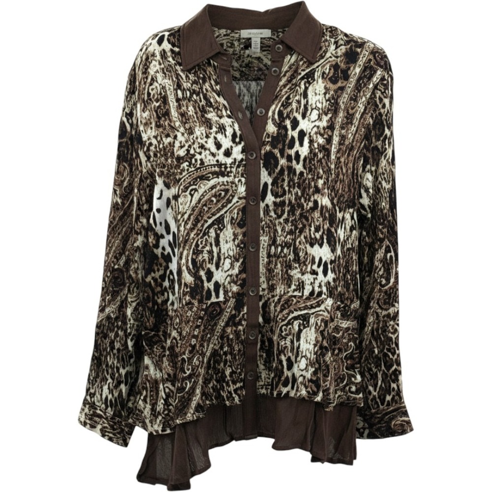 Simply Noelle Womens Brown Leopard Paisley Tiered Hem Button Up‎ Blouse S/M NEW